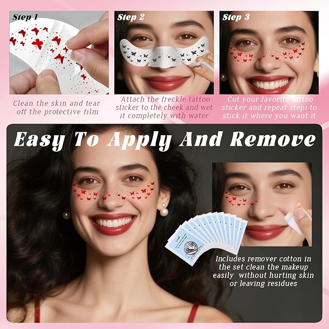 HOSAILY 10 Styles Red Glitter Freckles Face Tattoo, Waterproof Sparkle Cute Star Butterfly Face&Body Glitter Speckles Patches for Women, Metallic Temporary Tattoo Accessories Makeup for Rave