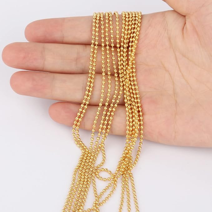 Gold Ball Bead Chain [1.5mm/50Feet] 18K Gold Plated Stainless Steel Ball Chains Spool with 30 PCS Connectors for Jewelry Making, Necklace, Key Chain, Dog Tag Chain DIY Craft
