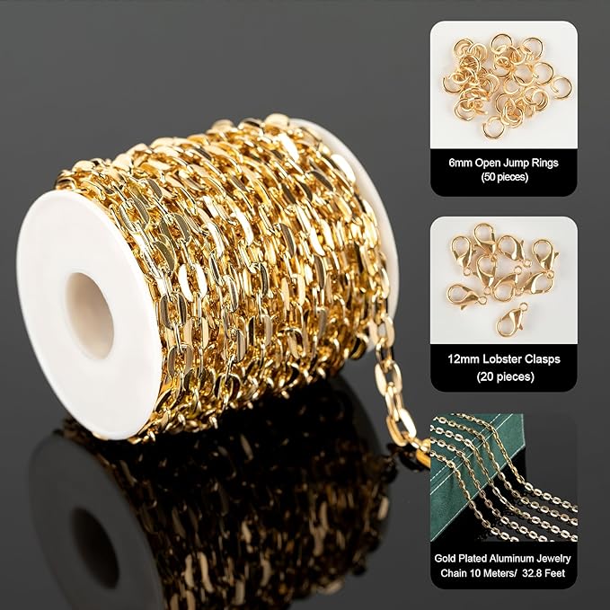 UMAOKANG 10 Meters Gold Plated Chain for Jewelry Making Aluminum Chain Roll Flat Paperclip Necklace Chain for Women Jewelry DIY Supplies Findings