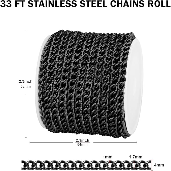 [33 FT] Black Curb Chains Bulk for Jewelry Making, 4mm 304 Stainless Steel Gunmetal Black Flat Twisted Links Curb Chains Roll Spool for Jewelry Making DIY Craft