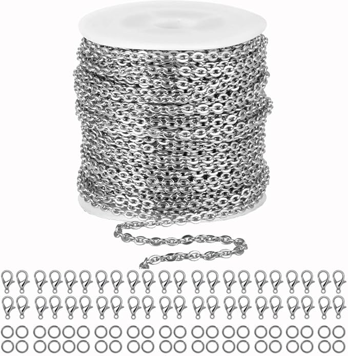 55ft Cable Link Chain for Jewelry Making,Stainless Steel O-Shaped Chain with 100 Pcs Jump Rings and Lobster Clasps For Keychain DogTag,Silver Plated Necklace Chains for jewellery DIY Craft (0.8*3*4mm)