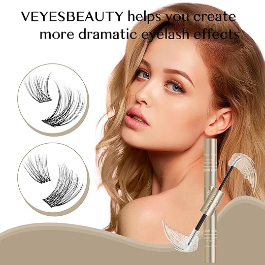 VEYESBEAUTY Lash Bond and Seal Waterproof 2 in 1 Cluster Lash Glue for Eyelash Extensions Long Lasting Strong Hold Individual Eyelash Glue for Self-Application at Home 5ml+5ml(White Bond)