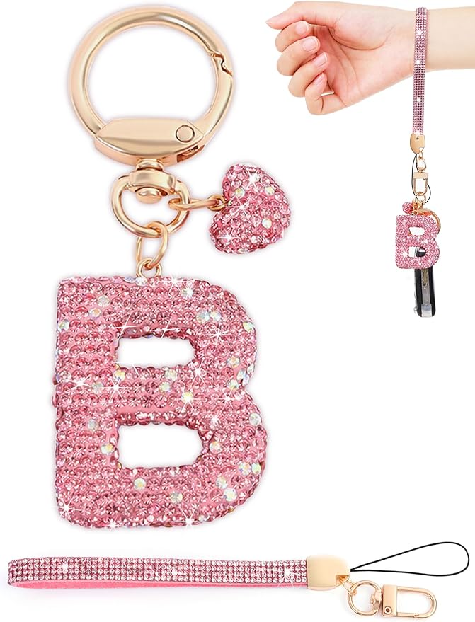 Initial Keychain for Women Girls,Bling Letter Key chain Initial with Heart,Pink Keychain Charms for Backpack Handbag
