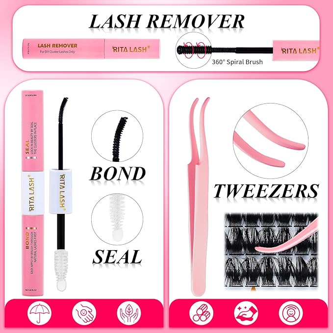 Lash Clusters Kit Eyelash Clusters Kit Cluster Eyelash Extensions Large Pack Lashes Clusters Lash Extension Kit Pestañas Postizas Naturales+Lash Bond&Seal,Remover,Tweezers,Cleanser,Tools(Lash Kit-10)