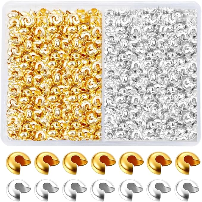 800 Pieces Crimp Bead Covers for Jewelry Making, 4mm Open Half Round Crimp Bead Knot Cover Small Beads for Jewelry Craft DIY（Gold and Sliver）