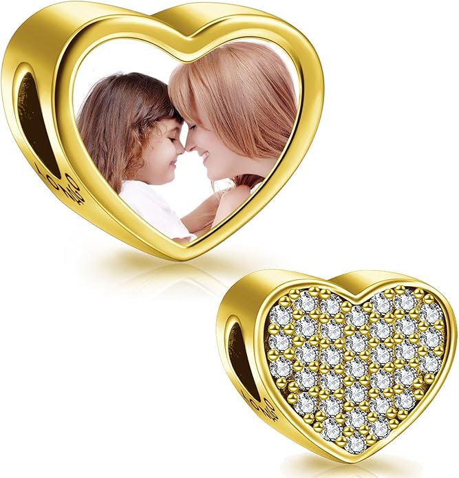 LONAGO 925 Sterling Silver Personalized Photo Charm Fit Compatible for Bracelet Necklace Customized Heart Round Shape Picture Bead