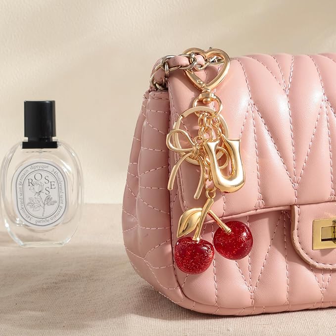 Snycler Bubble Initial Keychain with Cherry & Bow - Gold Letter Bag Charms for Women, Cute Purse Handbag Accessories