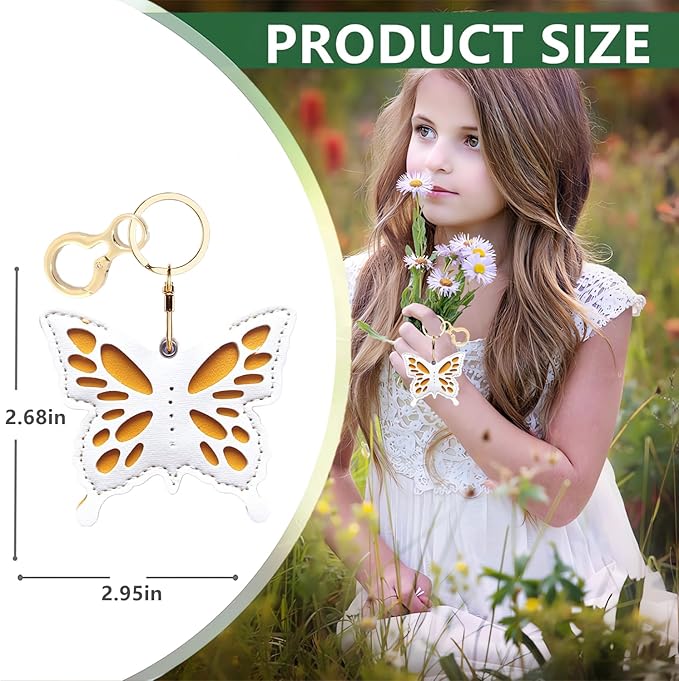 Leather Keychain Holder Case Compatible with AirTag,Cute Protective Apple Air Tag Cover with Keychain Ring,Anti-Scratch Finder GPS Tracker Case for Wallet Keys,Bag,Pets(White Butterfly)