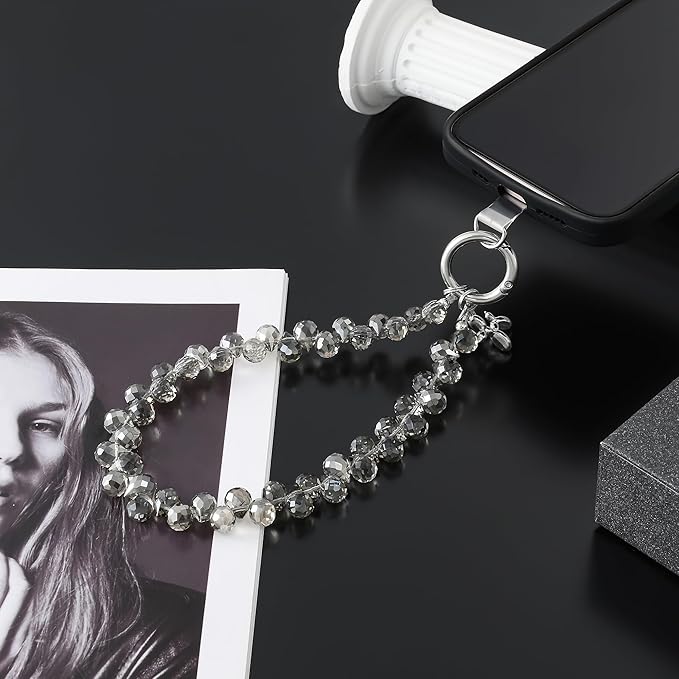 Crystal Phone Wrist Strap Phone Charm Chain Keychain Beaded Cellphone Lanyard with Tether Tab Hands-Free Wristlet Bracelet Wrist Grip Strap for Women, D-Gray