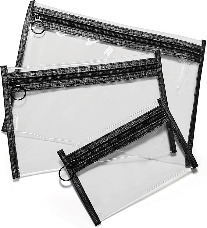 Clear Makeup Bags, 3 Pack Small Waterproof Cosmetic Toiletry Bags with Zipper, PVC Clear Travel Bags for Women and Men Travel Airport Organizing, Black