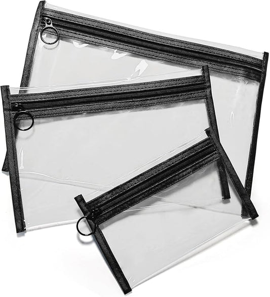 Clear Makeup Bags, 3 Pack Small Waterproof Cosmetic Toiletry Bags with Zipper, PVC Clear Travel Bags for Women and Men Travel Airport Organizing, Black