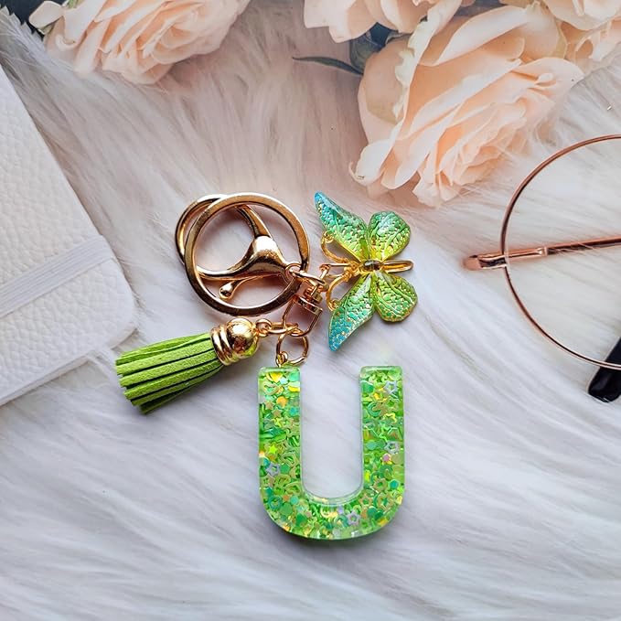 Cute Initial Letter Keychains for Women Girls Tassel Butterfly Pink Purple Green Keychain for Backpack School Bag