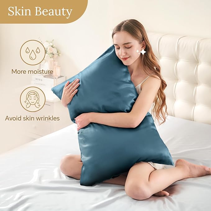 INFIIXSO Mulberry Silk Pillowcase for Hair and Skin, Silk Pillow Cases Queen Size Set of 2 with Hidden Zipper 20"x30", Ultra Smooth and Soft Cooling Pillow Cases for Hot Sleepers(Bluesteel, 2 Pack)