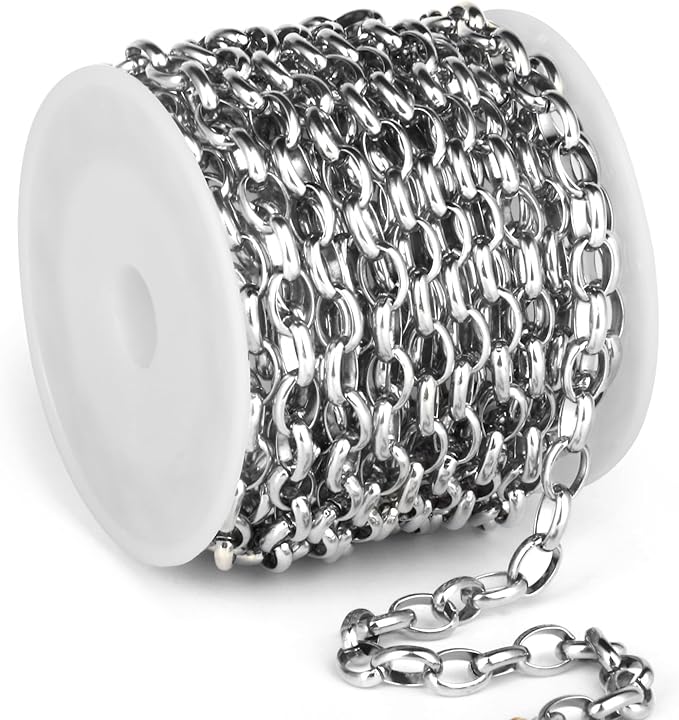 16.5FT Stainless Steel Oval Rolo Chains Roll, 5.5mm Width 304 Stainless Steel Oval Cable Link Chain Bulk Spool for Jewelry Making DIY Craft