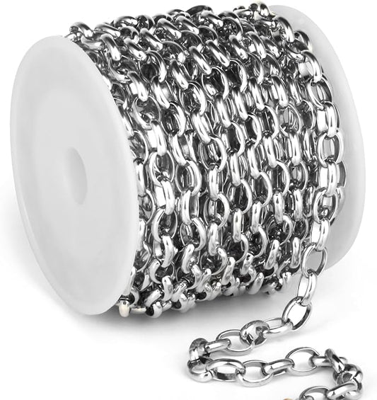 16.5FT Stainless Steel Oval Rolo Chains Roll, 5.5mm Width 304 Stainless Steel Oval Cable Link Chain Bulk Spool for Jewelry Making DIY Craft