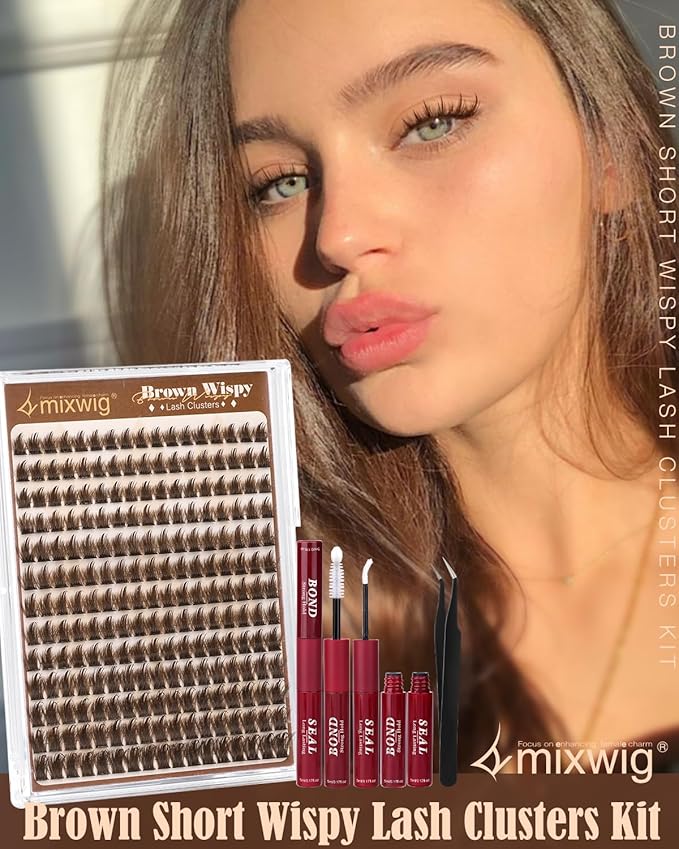 Brown Lash Clusters Kit Wispy Lash Extension Kit 10-14MM Short Spiky Eyelash Clusters Natural Cluster Eyelash Extensions Dark Brown Individual Lashes D Curly DIY Lash Extension by Lvmixwig