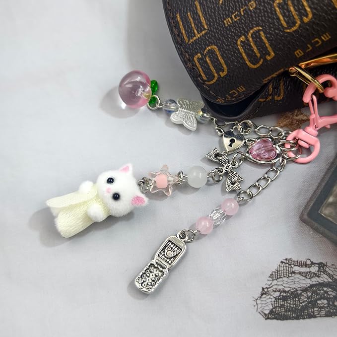 Cute Cat Keychain, Y2K Heart Bow Pendant, Kawaii Cat Bag Charm