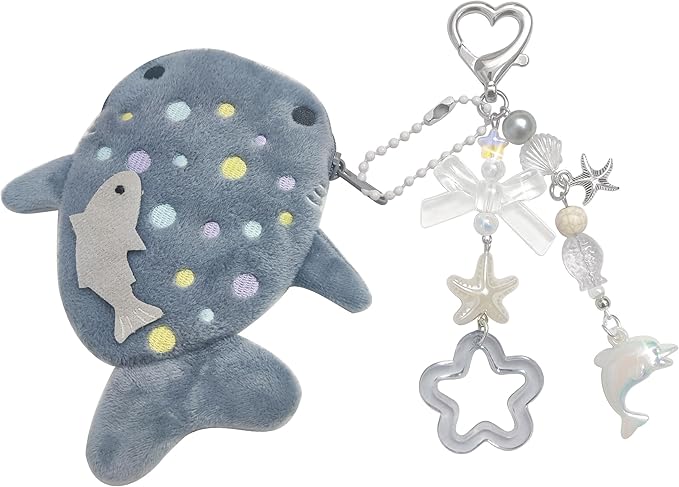 Adorable Whale Shark Coin Purse Keychain,Soft Plush Zipper Coin Purse,Handmade Purse Bag Charm Gift for Women (Grey)