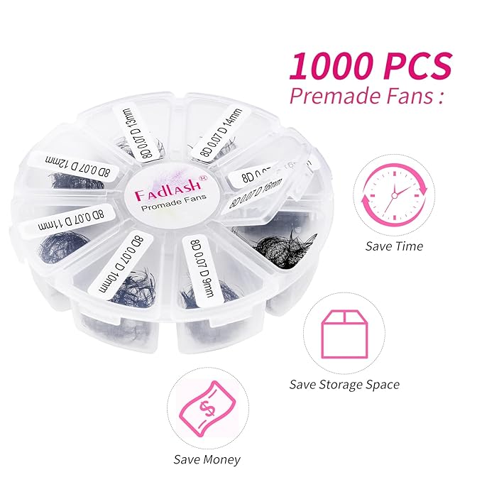 Volume Lash Extensions 1000pcs Premade Fans Eyelash Extensions Promades Eyelash Loose Fans Pointed Base 5D/8D/10D/12D/14D/16D 9-16mm/15-20mm Mixed Tray Avalible (8D-0.07D, 9-16mm)