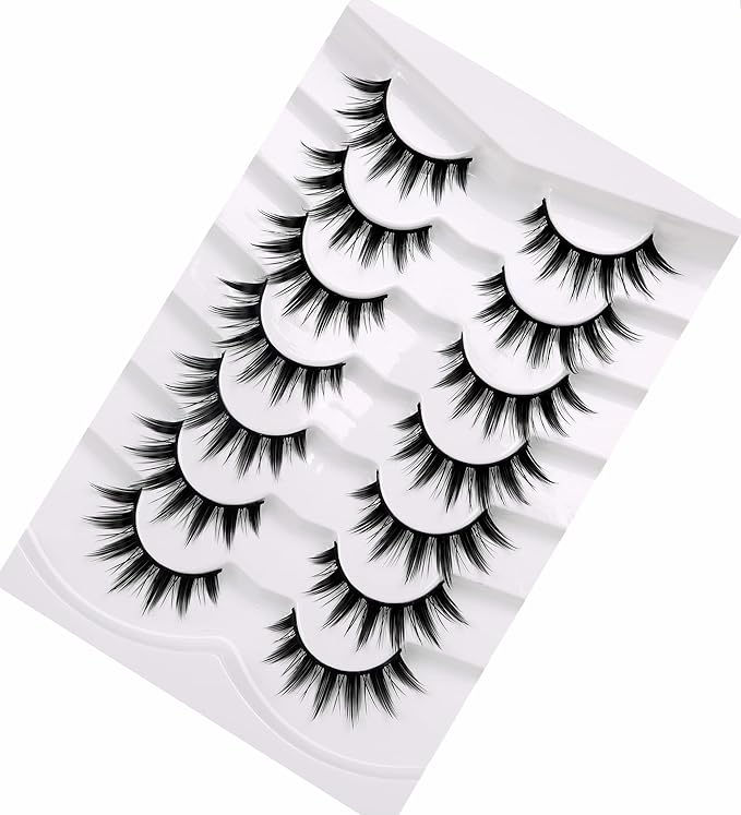 Pooplunch Manga False Eyelashes Spiky Natural Anime Lashes Doll Eye 8D Wispy Volume Sexy Faux Mink Fake Eyelash Strips 7 Pairs Pack