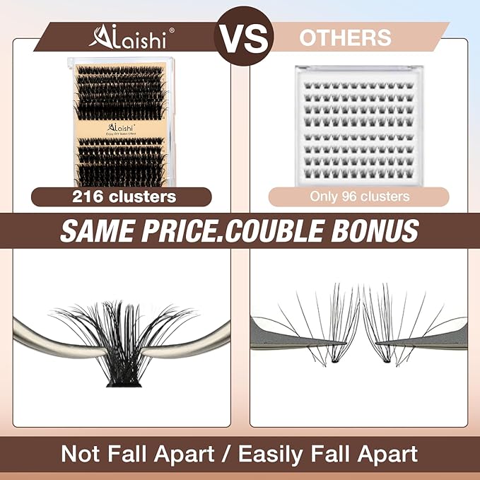AILAISHI Lash Clusters Kit, DIY Cluster Eyelash Extensions 10‑20mm, 80D+100D, 216pcs Fluffy D Curl Natural Lashes–Fake Cat Eye Individual Clusters
