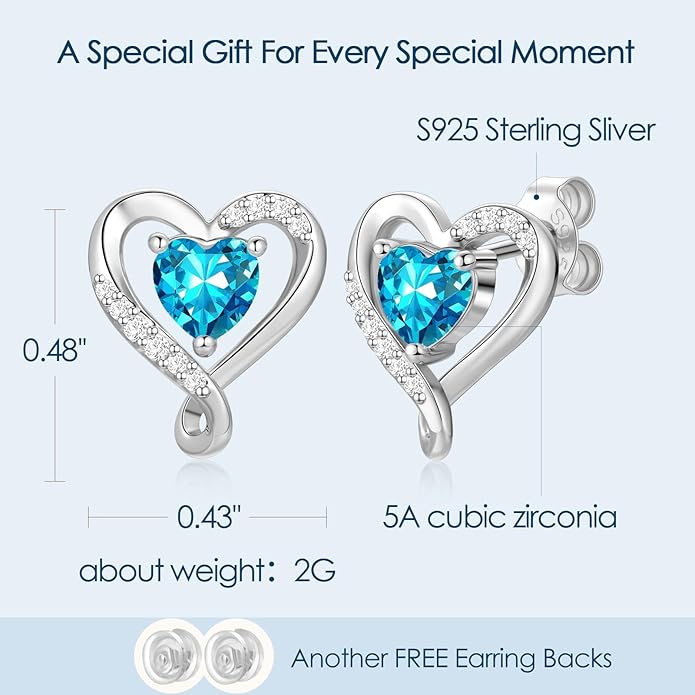Zifeel Earrings for Women, S925 Sterling Silver Rose Gold Birthstone Heart Studs Earring for Girlfriend Wife, Anniversary Birthday Christmas Valentines Mothers Day Gifts Jewelry for Women Wife Her Mom