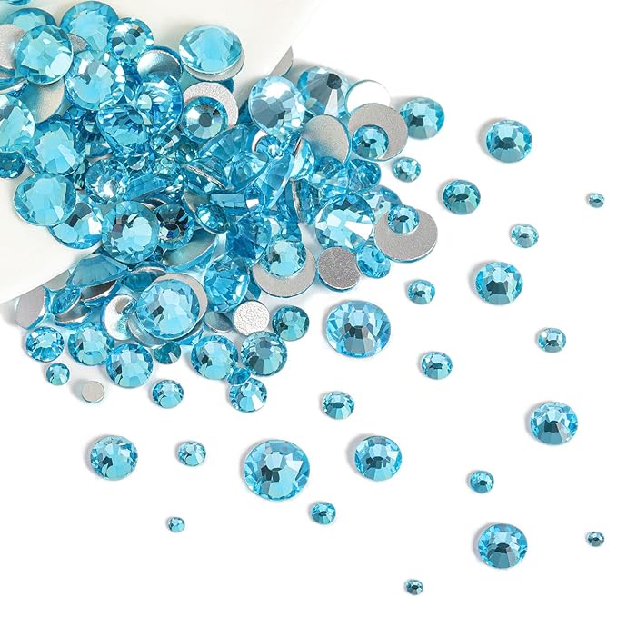 Beadsland Flat Back Crystal Rhinestones Round Gems for Nail Art and Craft Glue Fix, Aquamarine, 10mm, SS50/144pcs