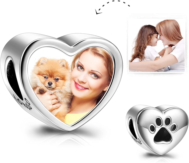 LONAGO 925 Sterling Silver Personalized Photo Charm Fit Compatible for Bracelet Necklace Customized Heart Round Shape Picture Bead