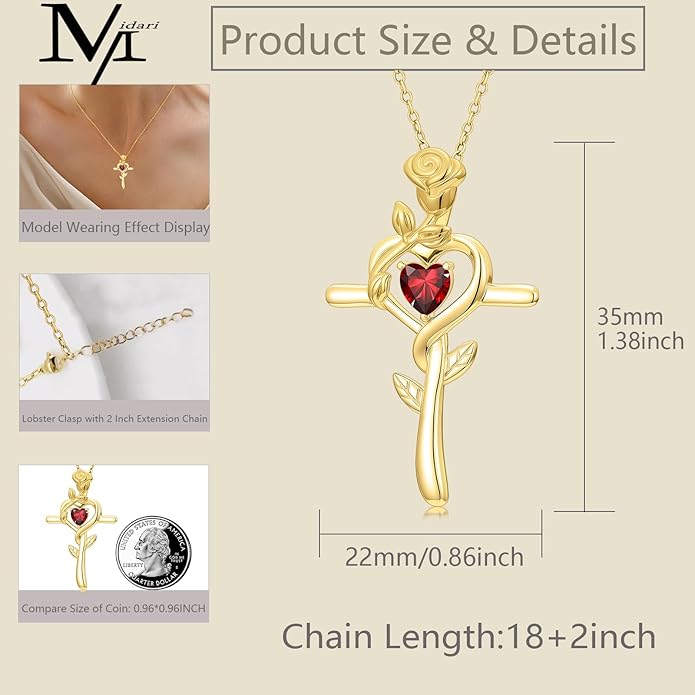 Midari 18K Yellow Gold Cross Pendant Rose Birthstone Necklaces for Women Christian Cross Jewelry with 12 Months Birthstone Birthday Gifts for Wife Her Daughter Mom