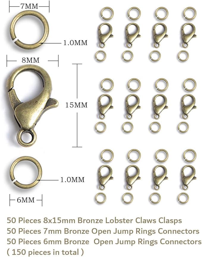 AD Beads 50 Pieces Lobster Claws Clasps Plus 100 Pieces 7mm Match Color Open Jump Rings Suitable for Necklace Bracelets Jewelry (8x15mm, Bronze)
