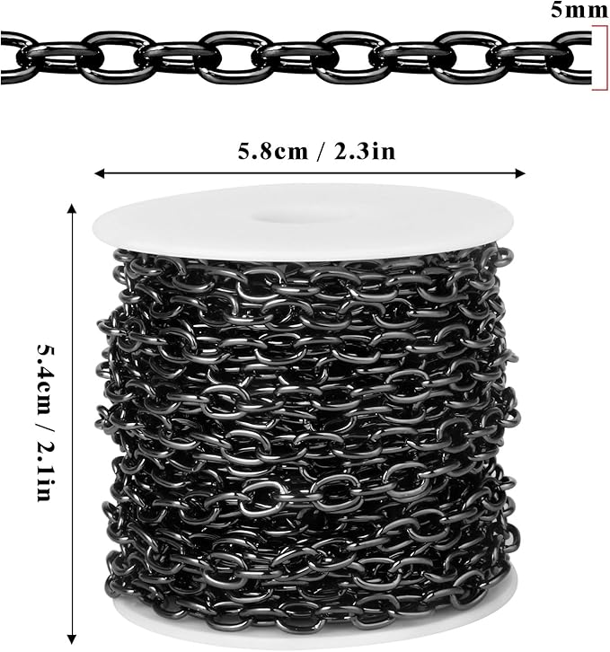 33 Feet Black Rolo Cable Chains Roll, 5 MM Black Plated Aluminium Oval Cable O Links Chain Bulk Spool for Jewelry Making DIY Craft