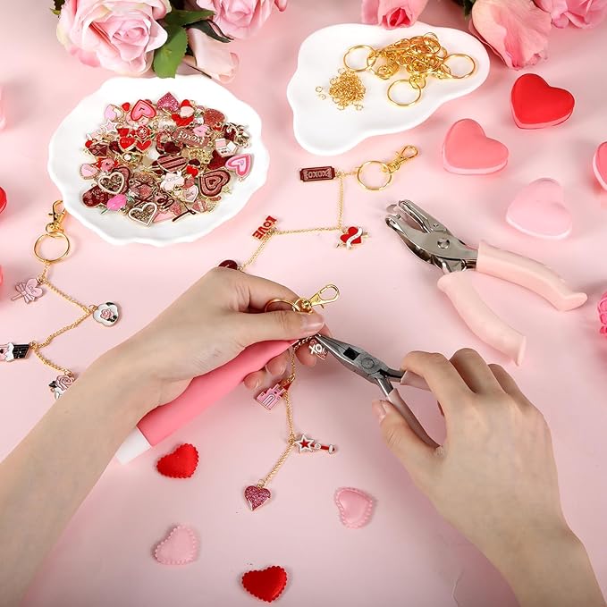 VioraWhite 213 Pcs Valentines Theme Lip Gloss Keychain Making Kit 100 Pink Enamel Charms 32.81 ft Gold Chains for Galentines DIY Crafts Women