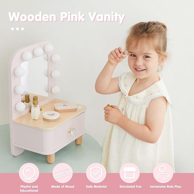 Freniland Wooden Toddler Vanity with Mirror and Light ,Kids Make Up Toy Set,11 Pcs Dressing Table Toy Includes Beauty Salon Set and Makeup Accessories,Pink Vanity for Girls Ages 3+