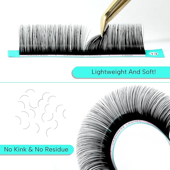 VAVALASH Cashmere Lashes 0.03/0.05/0.07 Premium Lashes Volume Eyelash Extensions 8-20MM Individual Silk Lashes, Soft Super Matte Black Professional Lash Extension Tray Supplies (0.03-C-13-20MM)