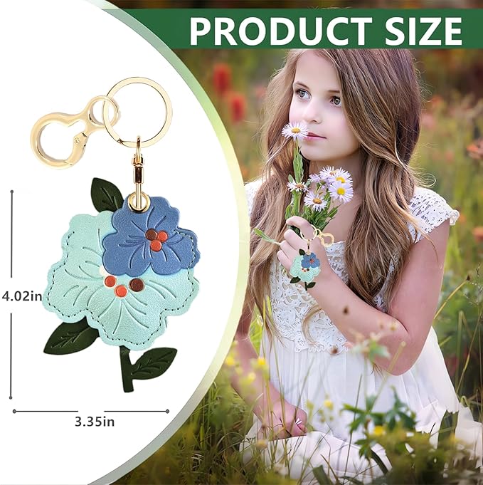 Leather Keychain Holder Case Compatible with AirTag,Cute Protective Apple Air Tag Cover with Keychain Ring,Anti-Scratch Finder GPS Tracker Case for Wallet Keys,bag,pets(Blue Peach Blossom)