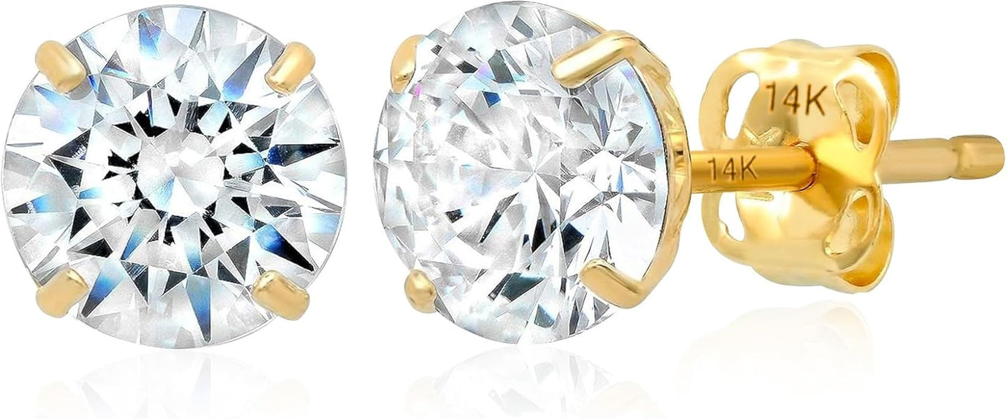 14k Gold Solitaire Round Cubic Zirconia Earrings Studs for Women & Men | Anti Tarnishing CZ Stud Earrings with 14k Gold Butterfly Pushbacks | 4MM-7.5MM by MAX + STONE
