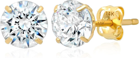 14k Gold Solitaire Round Cubic Zirconia Earrings Studs for Women & Men | Anti Tarnishing CZ Stud Earrings with 14k Gold Butterfly Pushbacks | 4MM-7.5MM by MAX + STONE