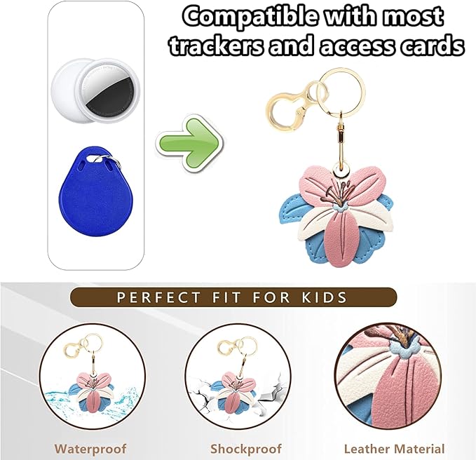 Leather Keychain Holder Case Compatible with AirTag,Cute Protective Cover with Keyring,Anti-Scratch Finder GPS Tracker Case for Wallet Keys,Bag,Pets(Flower D)