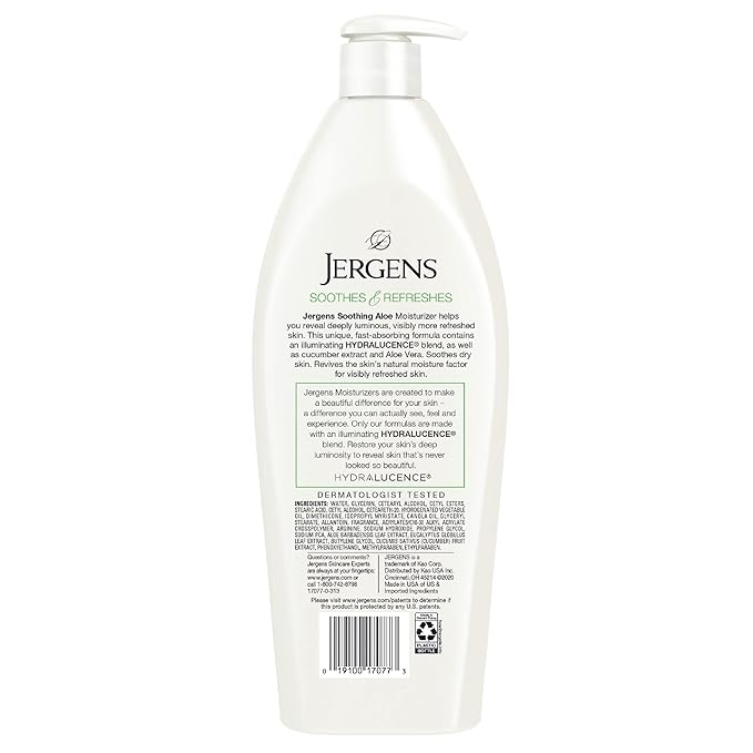 Jergens Soothing Aloe Body Lotion, Aloe Vera Body and Hand Moisturizer, Illuminating Hydralucence Blend, with Cucumber Extract, Dermatologist Tested, 21 Oz