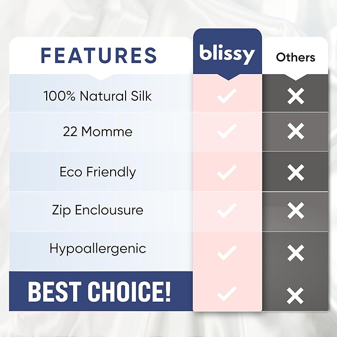 Blissy Silk Pillowcase - 100% Pure Mulberry Silk - 22 Momme 6A High-Grade Fibers - Silk Pillow Cover for Hair & Skin - Regular, Queen & King (Silver, Standard)