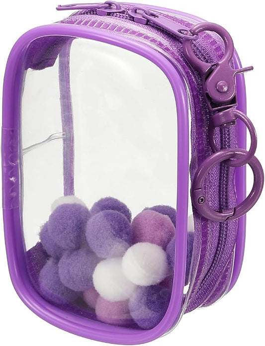 uxcell 3.5 Inch Clear Figure Display Bag, Mini Clear Pouch Waterproof Coin Pouch with Keychain and Pom Poms for Blind Box Doll Display (Square, Purple)