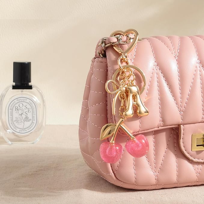 Snycler Bubble Initial Keychain with Cherry & Bow - Gold Letter Bag Charms for Women, Cute Purse Handbag Accessories