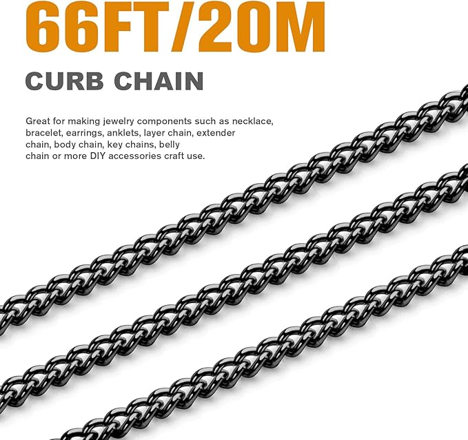 66FT Gunmetal Stainless Steel Curb Chains Roll, 3mm 304 Stainless Steel Black Flat Twisted Links Curb Chains Bulk Spool for Jewelry Making DIY Craft
