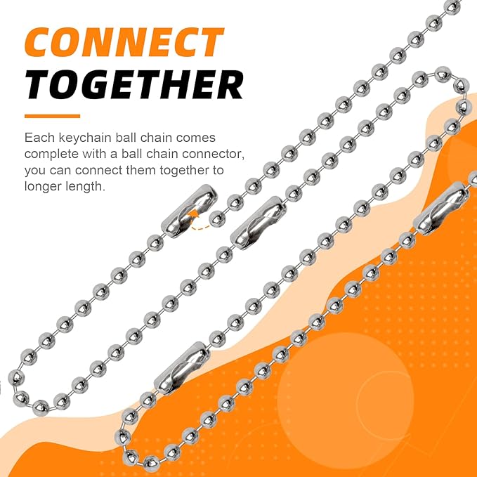 200 pcs 100 mm Long Bead Connector Clasp Ball Chains Keychain Tag Keychain Ball Chain 2.4 mm Diameter Adjustable Antiqued Metal Bead Steel Chain
