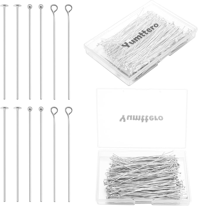 210 Pcs 70mm/2.76 Inch 21 Gauge Eye Pins Head Pins Ball Pins for Jewelry Making, Yumttero Straight Mixed Pin for Craft Earring Bracelet Necklace Pendant Jewelry Making (Mixed Pins,Platinum Color)