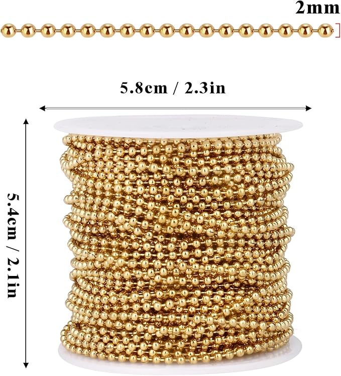50FT 18K Gold PVD Plated Ball Bead Chains Roll, 2mm Gold Stainless Steel Ball Beaded Chains Spool with 30 PCS Connectors Bulk for Jewelry Making