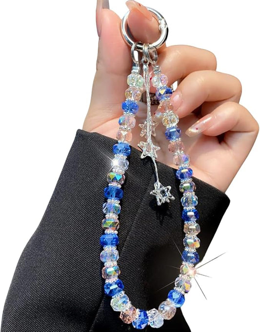 Zircon Star Pendant Crystal Beads Aesthetic Keychain Wristlet Purse Charms Bule Pink Glass Beads Car Key Chain Women Bag Charms Star Tassel Sparkly Bead Keychains Phone Charm Y2K Keychain Accessories