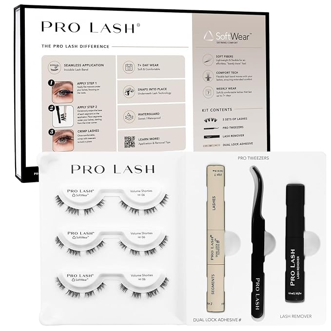 Pro Lash SoftWear Starter Lash Clusters Kit - Seamless, Lightweight Lashes - 7-Day Eyelash Extensions - 3 Sets of False Eyelashes Plus Adhesive, Remover, Tweezers - Volume Shorties No. 06 Black