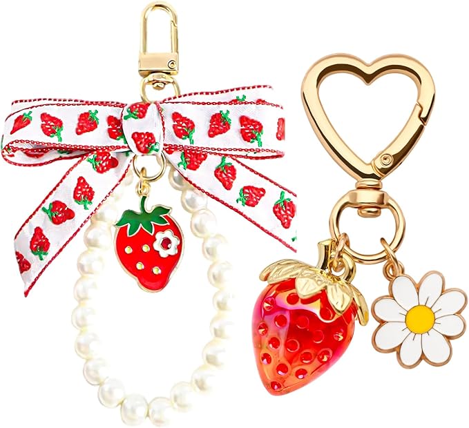 2Pcs Strawberry Keychain Charm Cute Bag Charms Flower Daisy Pearl Bow Keychain Strawberry gift for Women