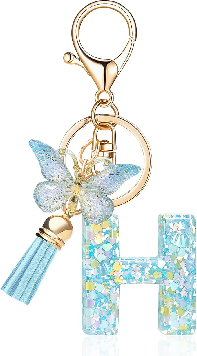 Fashion Alphabet Initial Letter Keychain Tassel Butterfly Pendant Key Ring for Purse Handbags Women Girl